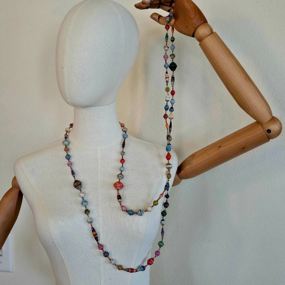 Bohemian Paper Beaded double triple strand long colorful necklace - Picture 3 of 3